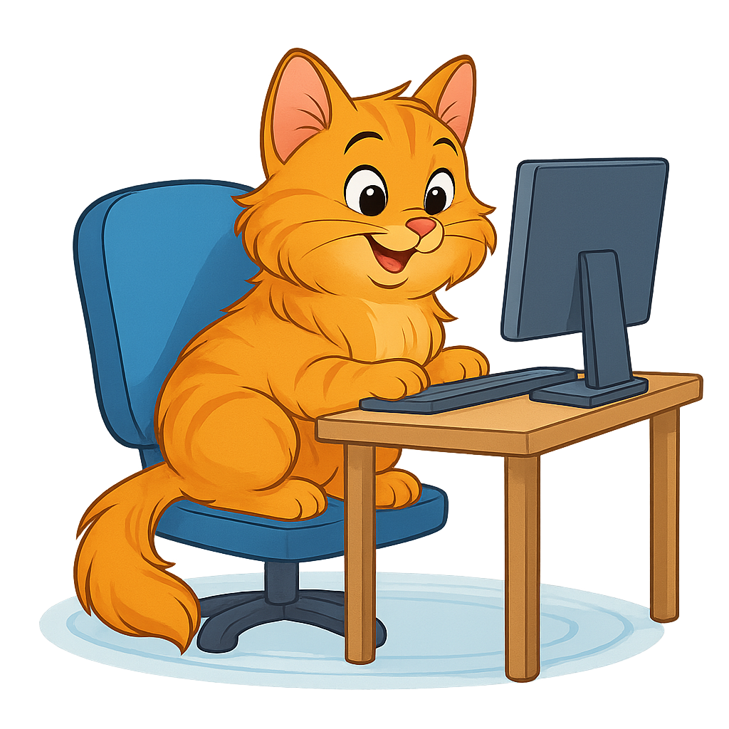 fluffy cat at computer cartoon